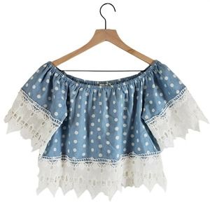 Iris Blue Crochet Crop Top Off Shoulder Womens Size S Boho Festival Polk Dot